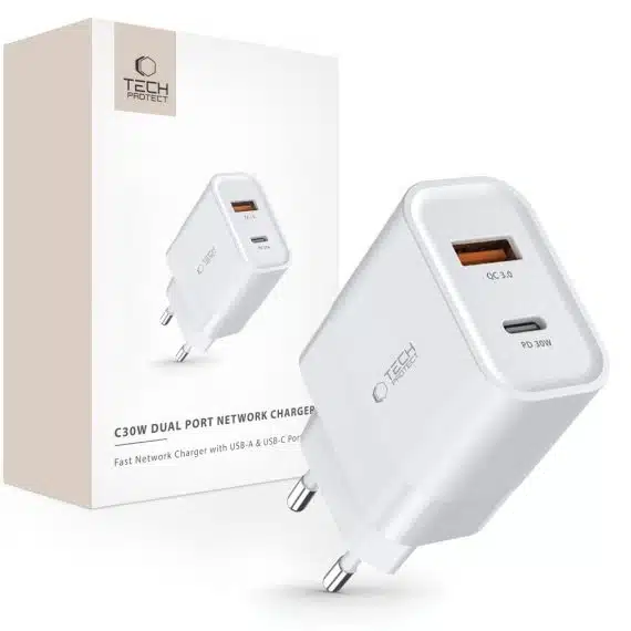 Tech-Protect C30W φορτιστής 2 θυρών PD30W/QC3.0 λευκός