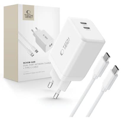 Tech-Protect φορτιστής δικτύου NC45W-GAN 2 θυρών PD45W + καλώδιο Type-C λευκό