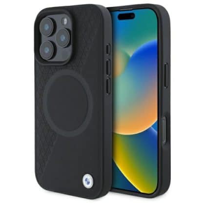 BMW Sign Leather Half Textured And Circle MagSafe - θήκη για Apple iPhone 16 Pro Max - Μαύρο