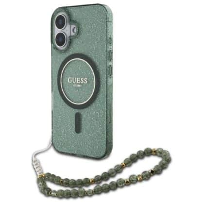 Guess IML Glitter With Pearl Strap MagSafe - θήκη για Apple iPhone 16 Plus - Πράσινο