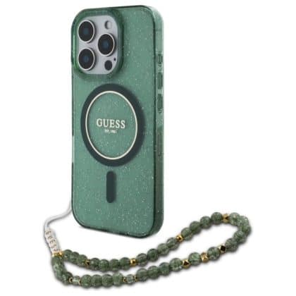 Guess IML Glitter With Pearl Strap MagSafe - θήκη για Apple iPhone 16 Pro Max - Πράσινο