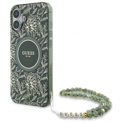 Guess IML Flowers Allover Electro With Pearl Strap MagSafe - θήκη για Apple iPhone 16 - Πράσινο