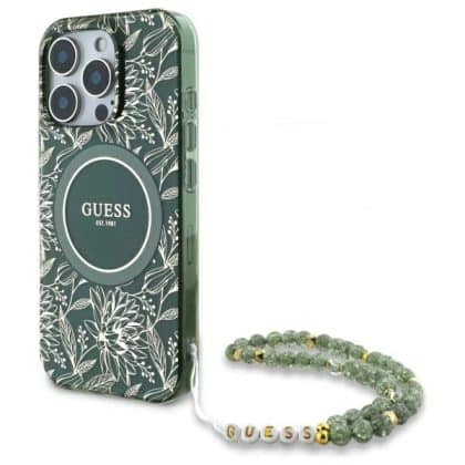 Guess IML Flowers Allover Electro With Pearl Strap MagSafe - θήκη για Apple iPhone 16 Pro Max - Πράσινο