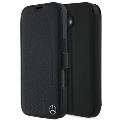 Mercedes Bookcase Leather Wood Imitation - θήκη για Apple iPhone 16 - Μαύρο
