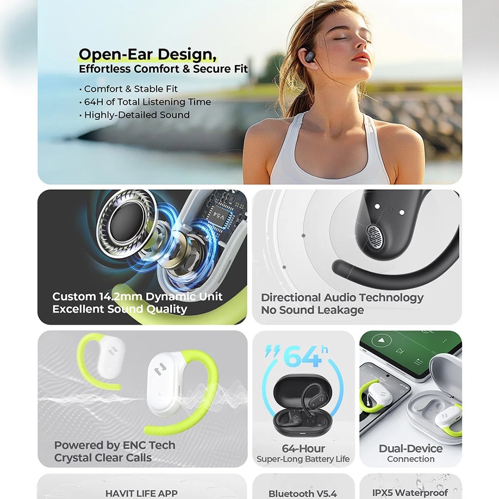 Havit - Ασύρματα ακουστικά (OWS915) - με μικρόφωνο, Bluetooth 5.4, TWS, ENC, IPX5, USB-C, 1000mAh, Havit Life App - Λευκό - Image 4