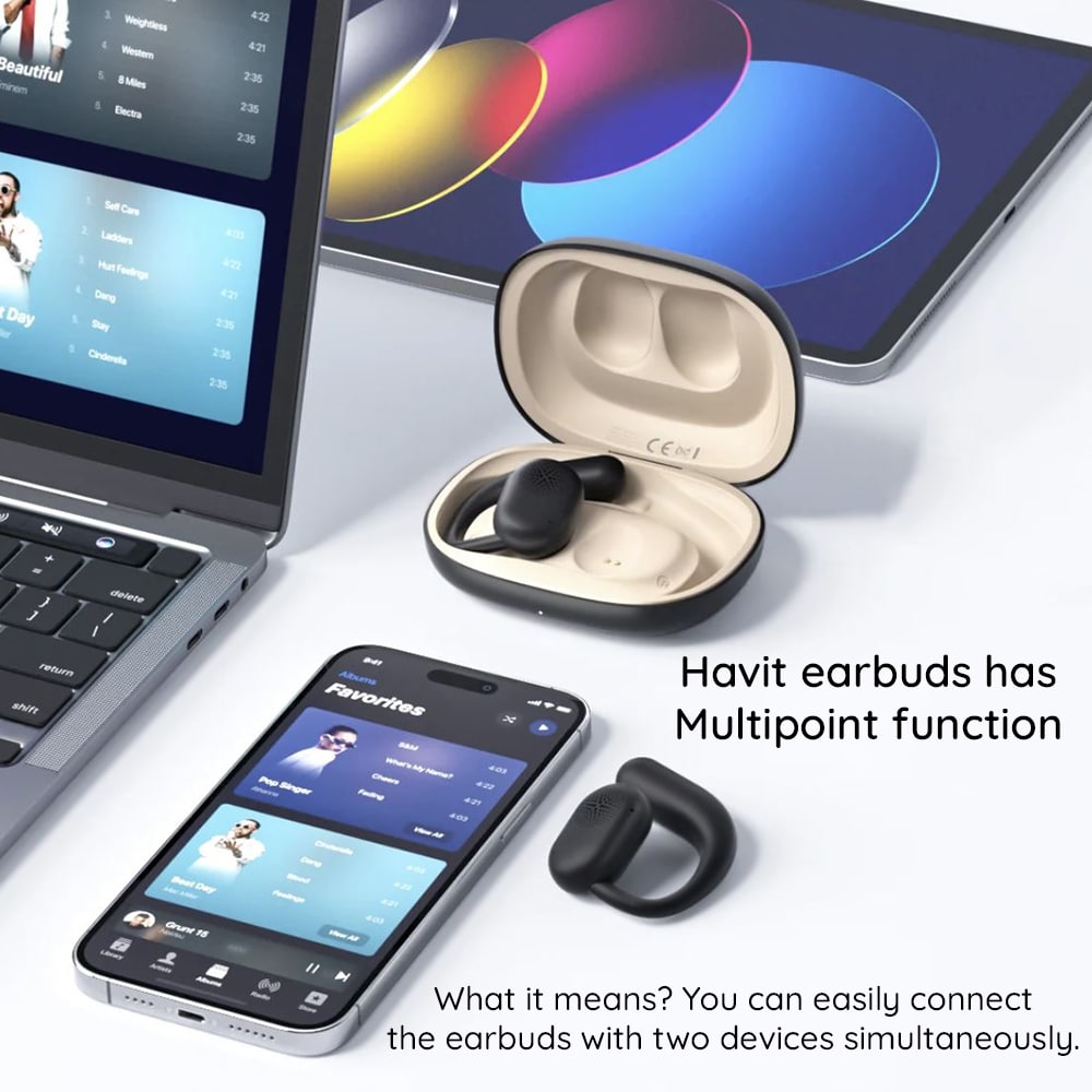 Havit - Ασύρματα ακουστικά (OWS914) - με μικρόφωνο, Bluetooth 5.3, αληθινό ασύρματο στερεοφωνικό, ENC, USB-C, 500mAh - μπεζ - Image 4