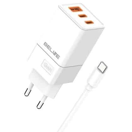 Beline φορτιστής δικτύου 2x USB-C + 1x USB 65W + καλώδιο USB-C λευκό PD 3.0 + QC 3.0 BLN3CW65C GaN