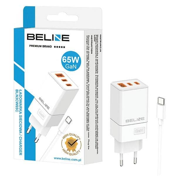 Beline φορτιστής δικτύου 2x USB-C + 1x USB 65W + καλώδιο USB-C λευκό PD 3.0 + QC 3.0 BLN3CW65C GaN - Image 2