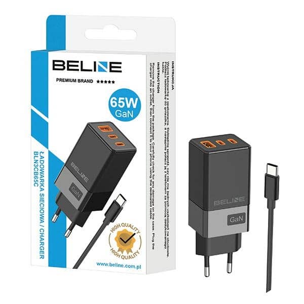 Beline φορτιστής δικτύου 2x USB-C + 1x USB 65W + καλώδιο USB-C μαύρο/black PD 3.0 + QC 3.0 BLN3CB65C GaN - Image 2