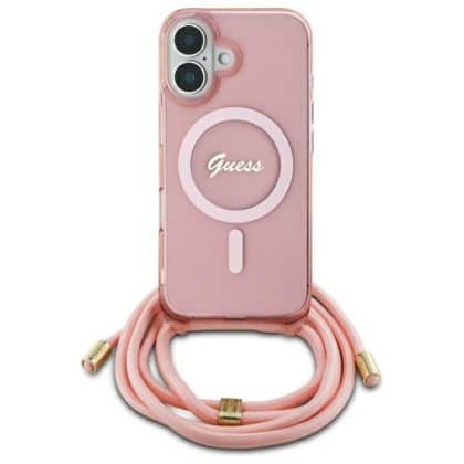 Guess Crossbody Cord Script MagSafe - θήκη για Apple iPhone 16 - Ροζ