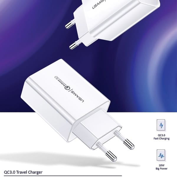 USAMS Φορτιστής δικτύου 1xUSB T22 18W 3A QC3.0 (μόνο κεφαλή) Γρήγορη φόρτιση λευκό - Image 2