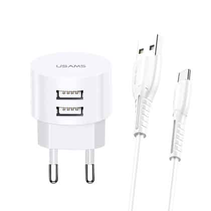 USAMS Φορτιστής δικτύου 2xUSB T20 2,1A USB-C λευκός/white round Fast Charging XTXLOGT18TC05