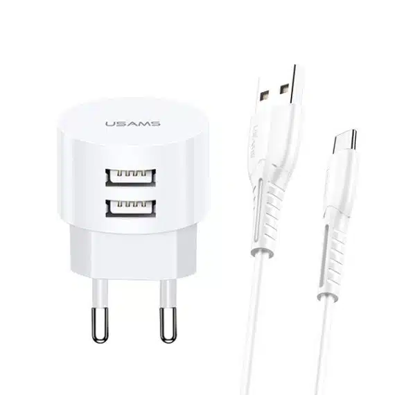 USAMS Φορτιστής δικτύου 2xUSB T20 2,1A USB-C λευκός/white round Fast Charging XTXLOGT18TC05