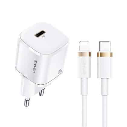 USAMS Φορτιστής δικτύου 1xUSB-C T36 mini 20W + καλώδιο USB-C-Lightning λευκό