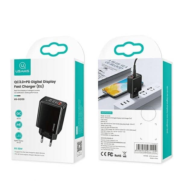 USAMS Φορτιστής δικτύου 1xUSB-C+1xUSB T40 20W LED (μόνο κεφαλή) PD3.0 +QC3.0 Γρήγορη φόρτιση μαύρος - Image 10