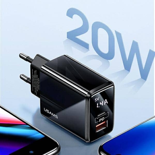 USAMS Φορτιστής δικτύου 1xUSB-C+1xUSB T40 20W LED (μόνο κεφαλή) PD3.0 +QC3.0 Γρήγορη φόρτιση μαύρος - Image 3
