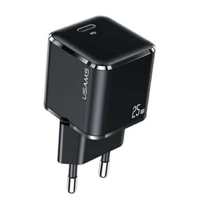 USAMS Φορτιστής δικτύου 1xUSB-C T42 mini 25W (μόνο κεφαλή) Super SI 5V-3A PD3.0 Γρήγορη φόρτιση μαύρος