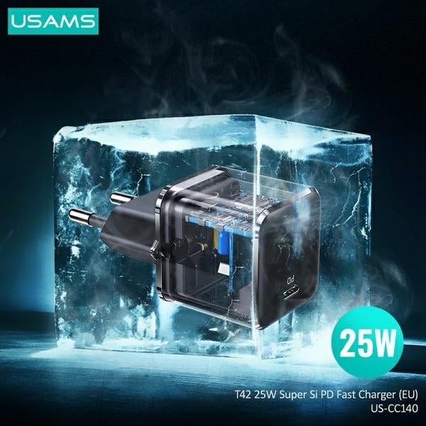 USAMS Φορτιστής δικτύου 1xUSB-C T42 mini 25W (μόνο κεφαλή) Super SI 5V-3A PD3.0 Γρήγορη φόρτιση μαύρος - Image 3