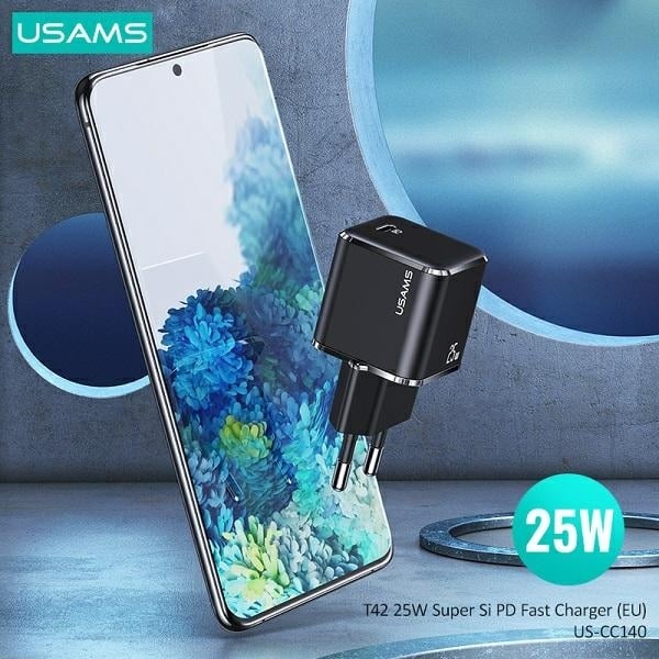 USAMS Φορτιστής δικτύου 1xUSB-C T42 mini 25W (μόνο κεφαλή) Super SI 5V-3A PD3.0 Γρήγορη φόρτιση μαύρος - Image 4