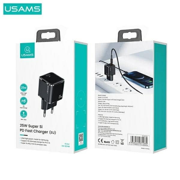 USAMS Φορτιστής δικτύου 1xUSB-C T42 mini 25W (μόνο κεφαλή) Super SI 5V-3A PD3.0 Γρήγορη φόρτιση μαύρος - Image 5