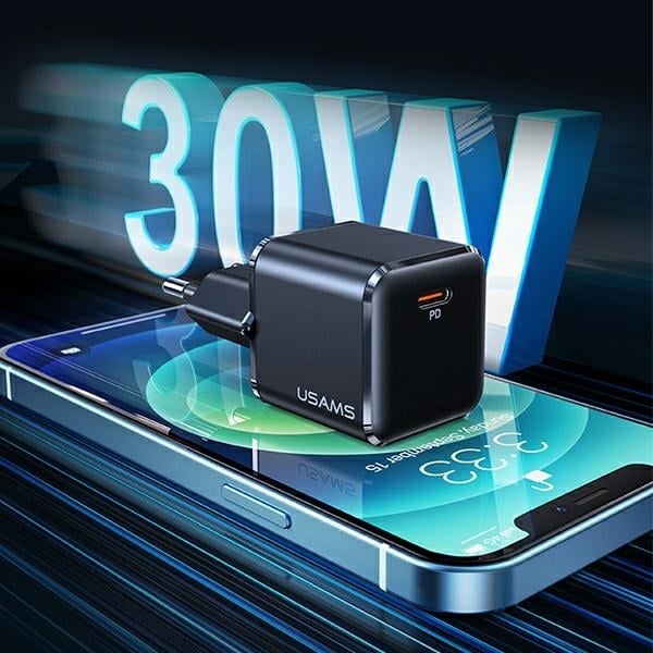 USAMS Φορτιστής δικτύου 1xUSB-C T45 mini 30W (μόνο κεφαλή) PD3.0 Γρήγορη φόρτιση μαύρος/black CC148TC01 (US-CC148) - Image 7
