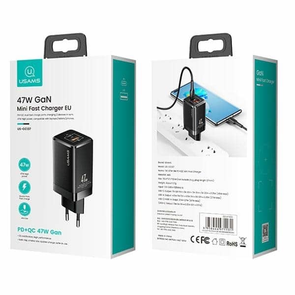 USAMS Φορτιστής δικτύου T41 USB-C+USB GaN 47W PD+QC (μόνο κεφαλή) Γρήγορη φόρτιση λευκό/white CC137TC02 (US-CC137) - Image 7
