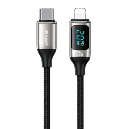 USAMS Καλώδιο πλεγμένο U78 USB-C σε Lightning LED 1.2m 20W PD Γρήγορη φόρτιση λευκό