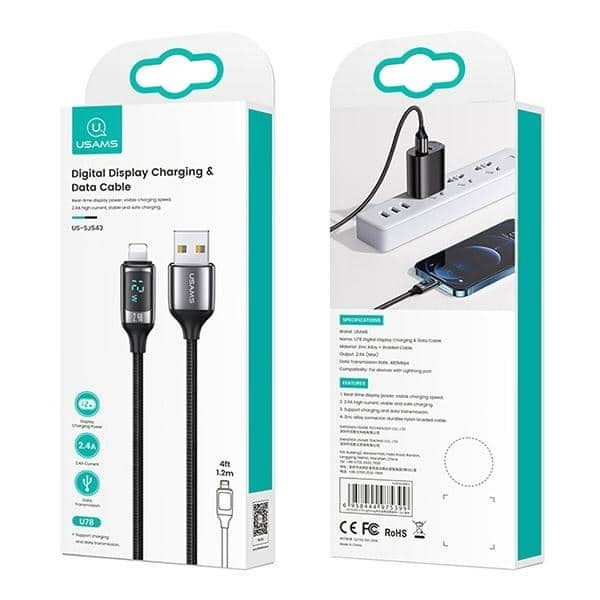 USAMS Καλώδιο πλεγμένο U78 lightning 1.2m LED 2.4A Γρήγορη φόρτιση ασημί μαύρο SJ543USB02 (US-SJ543) - Image 7
