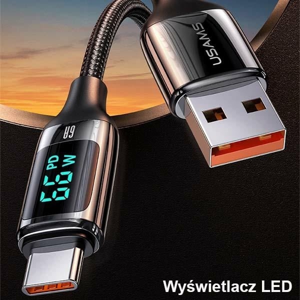 USAMS Καλώδιο πλεγμένο U78 USB-C 1.2m LED 6A Γρήγορη φόρτιση μαύρο - Image 2