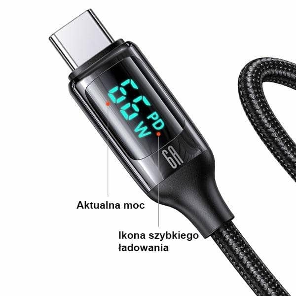 USAMS Καλώδιο πλεγμένο U78 USB-C 1.2m LED 6A Γρήγορη φόρτιση μαύρο - Image 3