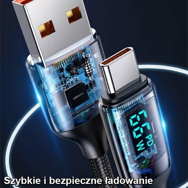 USAMS Καλώδιο πλεγμένο U78 USB-C 1.2m LED 6A Γρήγορη φόρτιση μαύρο - Image 4