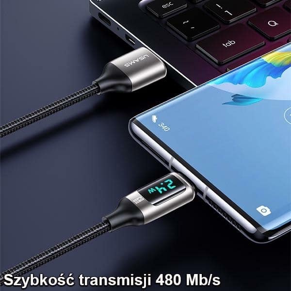 USAMS Καλώδιο πλεγμένο U78 USB-C 1.2m LED 6A Γρήγορη φόρτιση μαύρο - Image 6