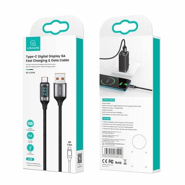 USAMS Καλώδιο πλεγμένο U78 USB-C 1.2m LED 6A Γρήγορη φόρτιση μαύρο - Image 8
