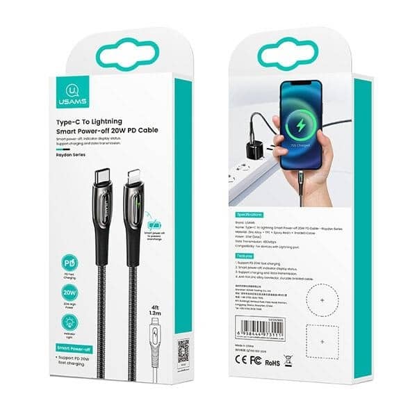 USAMS Καλώδιο USB-C σε Lightning Smart Power-off 20W PD 1.2m μαύρο - Image 9