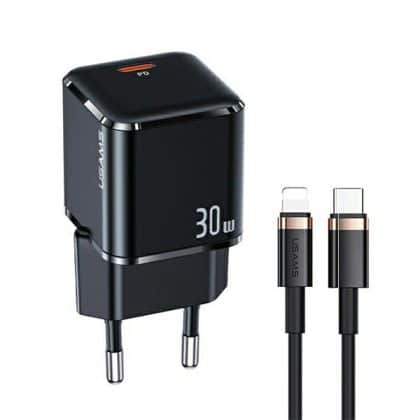 USAMS φορτιστής δικτύου 1xUSB-C T45 30W PD3.0 Γρήγορη φόρτιση + καλώδιο U63 USB-C/Lightning μαύρο