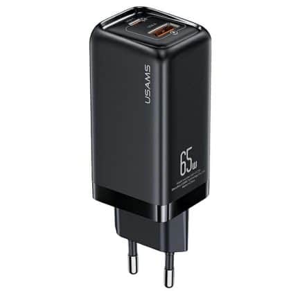 USAMS Φορτιστής δικτύου 1xUSB-C+1xUSB T47 65W (μόνο κεφαλή) PD Γρήγορη φόρτιση Super Si μαύρος