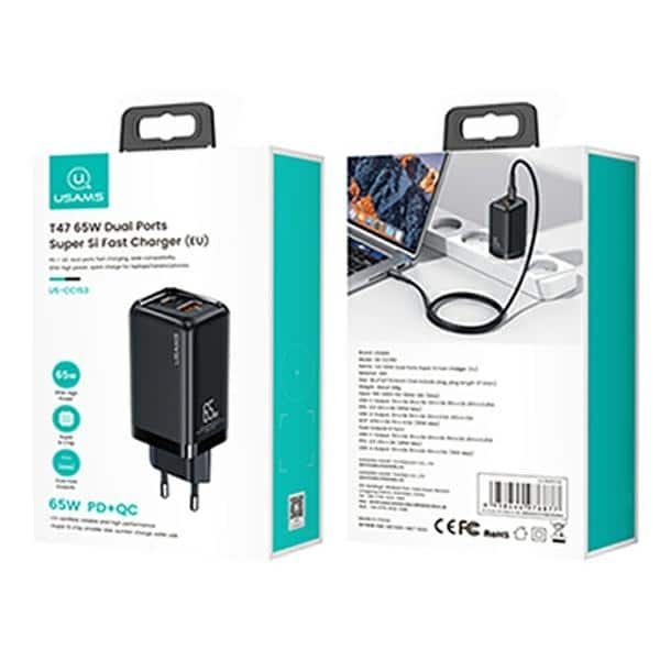 USAMS Φορτιστής δικτύου 1xUSB-C+1xUSB T47 65W (μόνο κεφαλή) PD Γρήγορη φόρτιση Super Si μαύρος - Image 8