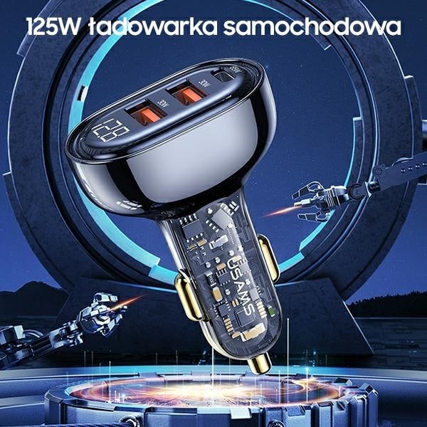 USAMS Φορτιστής αυτοκινήτου 2xUSB+1xUSB-C 125W Γρήγορη φόρτιση διαφανές μπλε CC158CC02 (US-CC158) - Image 2
