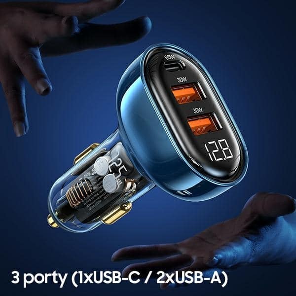 USAMS Φορτιστής αυτοκινήτου 2xUSB+1xUSB-C 125W Γρήγορη φόρτιση διαφανές μπλε CC158CC02 (US-CC158) - Image 3