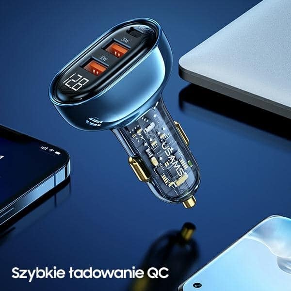 USAMS Φορτιστής αυτοκινήτου 2xUSB+1xUSB-C 125W Γρήγορη φόρτιση διαφανές μπλε CC158CC02 (US-CC158) - Image 8