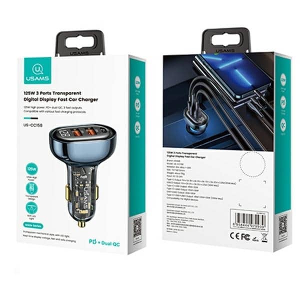 USAMS Φορτιστής αυτοκινήτου 2xUSB+1xUSB-C 125W Γρήγορη φόρτιση διαφανές μπλε CC158CC02 (US-CC158) - Image 13