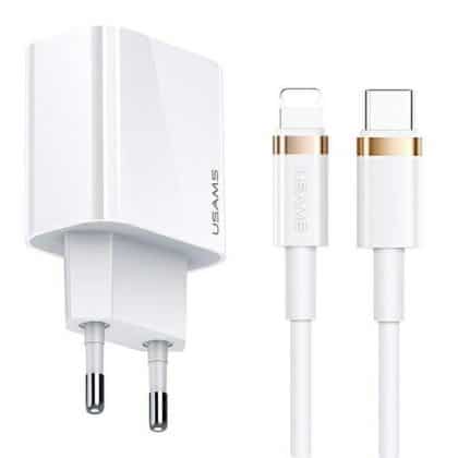 USAMS Φορτιστής δικτύου 1xUSB-C T34 20W 5V-3A PD3.0 + καλώδιο U63 USB-C σε lightning 20W λευκό