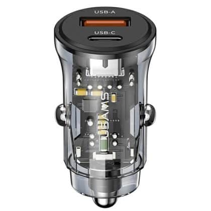 USAMS Φορτιστής αυτοκινήτου 1xUSB+1xUSB-C C32 30W Γρήγορη φόρτιση μαύρος