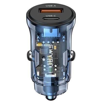 USAMS Φορτιστής αυτοκινήτου 1xUSB+1xUSB-C C32 30W Γρήγορη φόρτιση μπλε