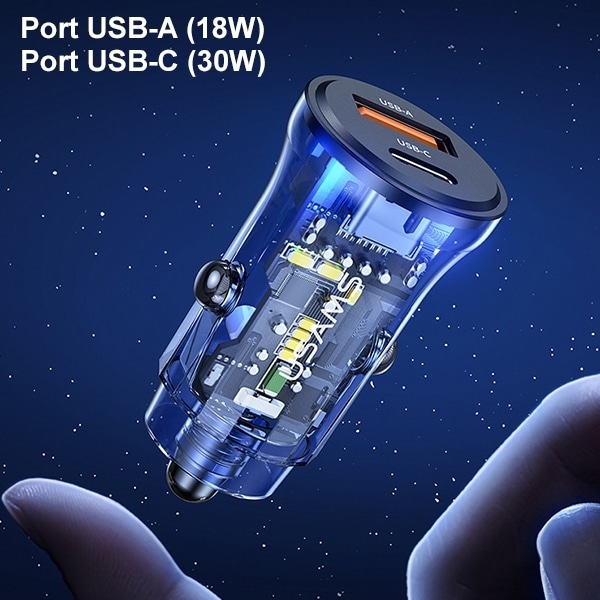 USAMS Φορτιστής αυτοκινήτου 1xUSB+1xUSB-C C32 30W Γρήγορη φόρτιση μπλε - Image 6