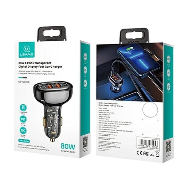 USAMS Φορτιστής αυτοκινήτου 2xUSB+1xUSB-C 80W Γρήγορη φόρτιση μαύρος - Image 11