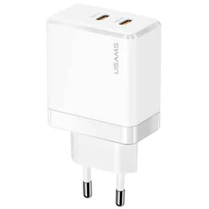 USAMS Φορτιστής δικτύου 2xUSB-C T54 GaN 40W (μόνο κεφαλή) PD Γρήγορη φόρτιση λευκός