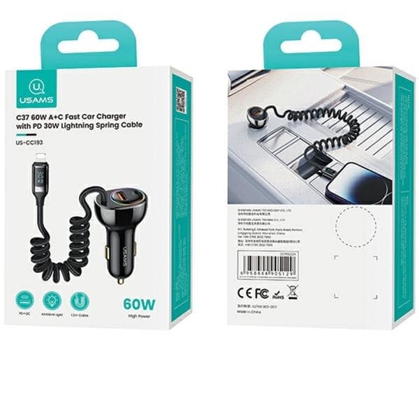 USAMS Φορτιστής αυτοκινήτου C37 1xUSB+1xUSB-C 60W + καλώδιο Lightning 30W PD+QC Γρήγορη φόρτιση μαύρο - Image 10