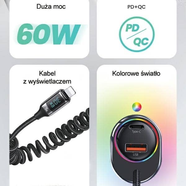 USAMS Φορτιστής αυτοκινήτου C37 1xUSB+1xUSB-C 60W + καλώδιο Lightning 30W PD+QC Γρήγορη φόρτιση μαύρο - Image 2