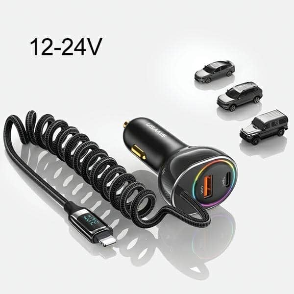 USAMS Φορτιστής αυτοκινήτου C37 1xUSB+1xUSB-C 60W + καλώδιο Lightning 30W PD+QC Γρήγορη φόρτιση μαύρο - Image 9